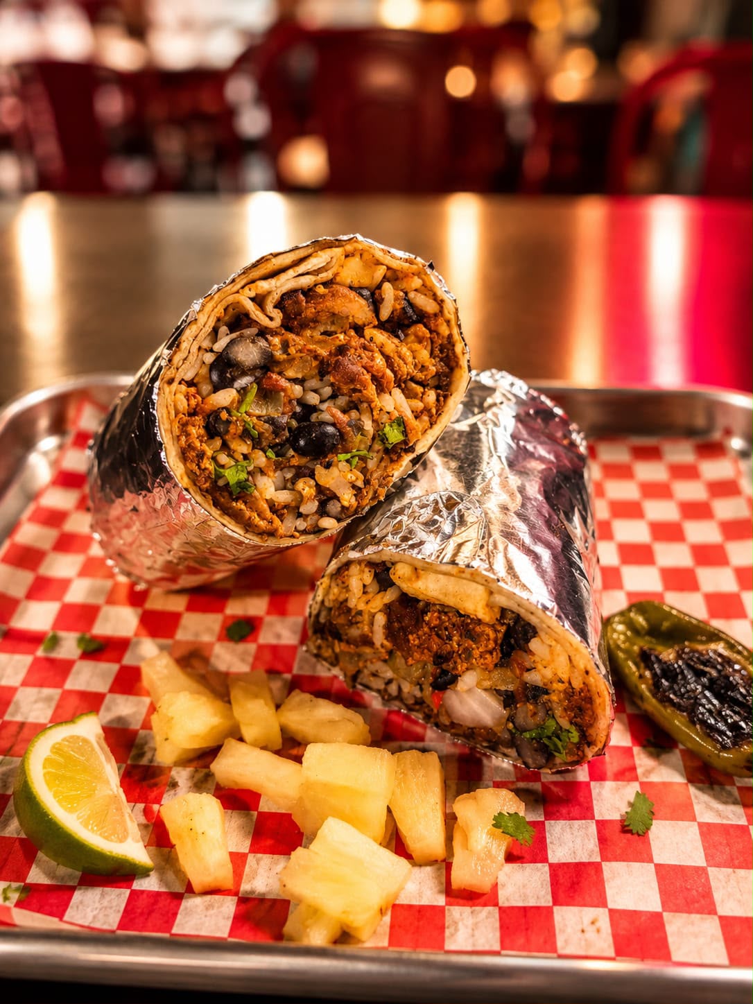 Aufgeschnittener Burrito mit Reis und Bohnen