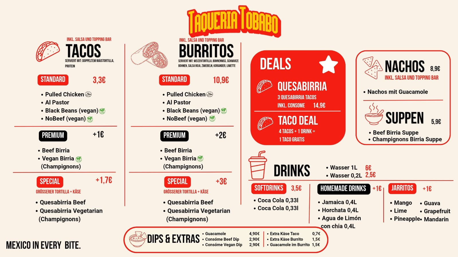 Komplette Speisekarte der Taqueria Tobabo